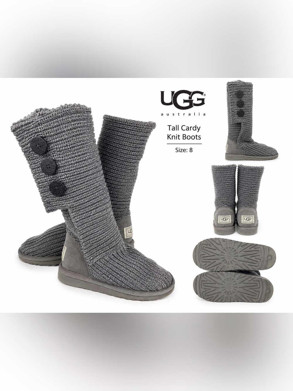 UGG Australia Gray Knit Tall Cardy Boots Sheepskin Sweater Boots size 8